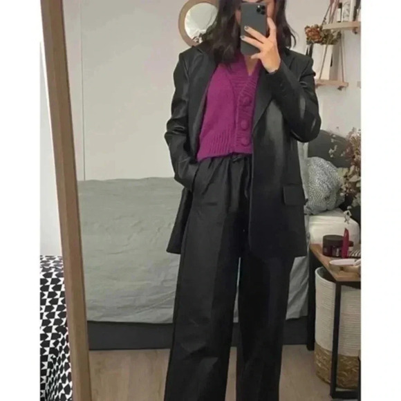 Zara Black High Waisted Waxed Effect Wide Leg Pants XS - Picture 2 of 7